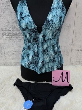 Blue Snakeprint Two-Piece Swimsuit with Deep V-Plunge